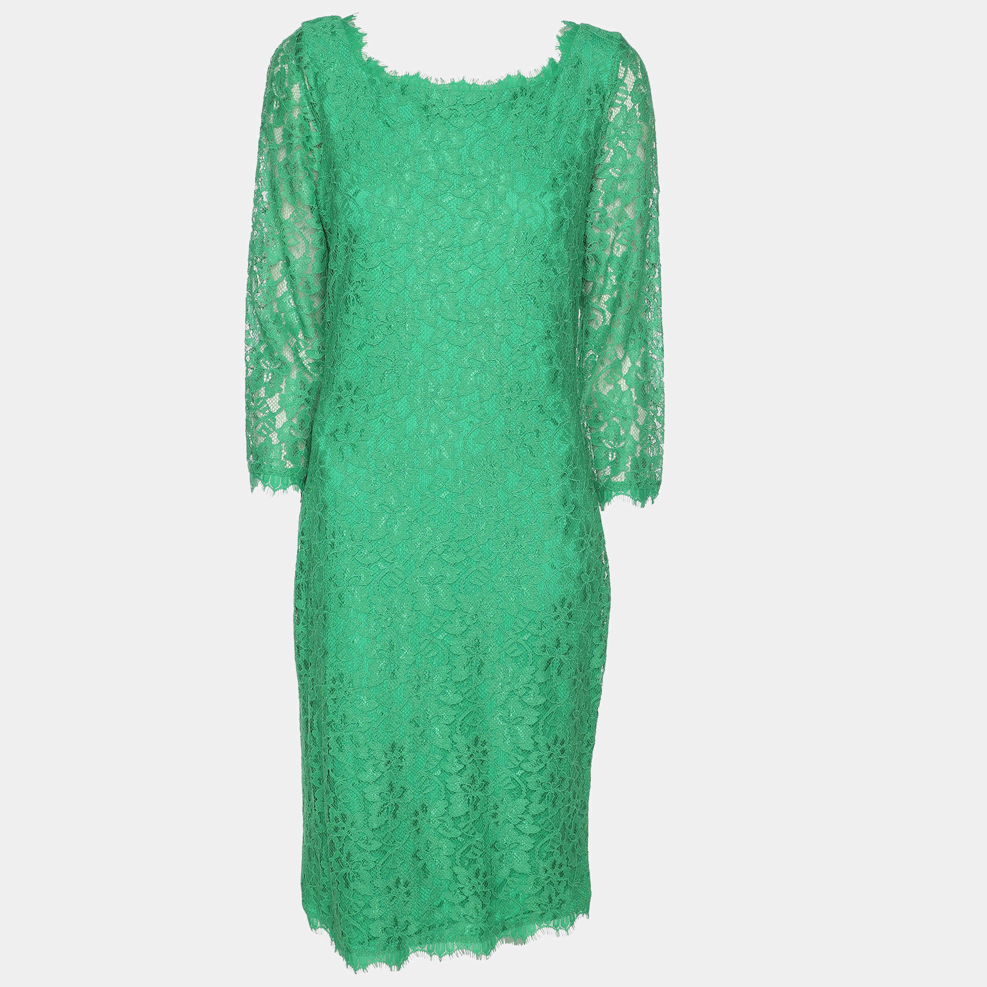 Pre Owned Diane Von Furstenberg Green Lace Full Sleeves Midi Dress L