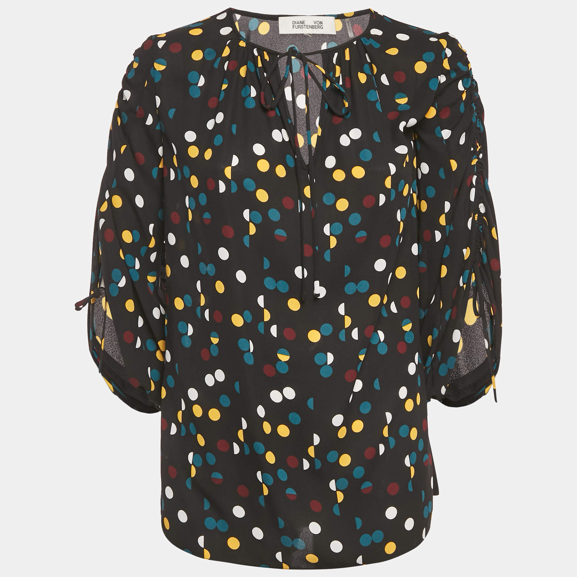 Pre Owned Diane Von Furstenberg Black Polka Dot Print Crepe Blouson Sleeve Tunic Top M