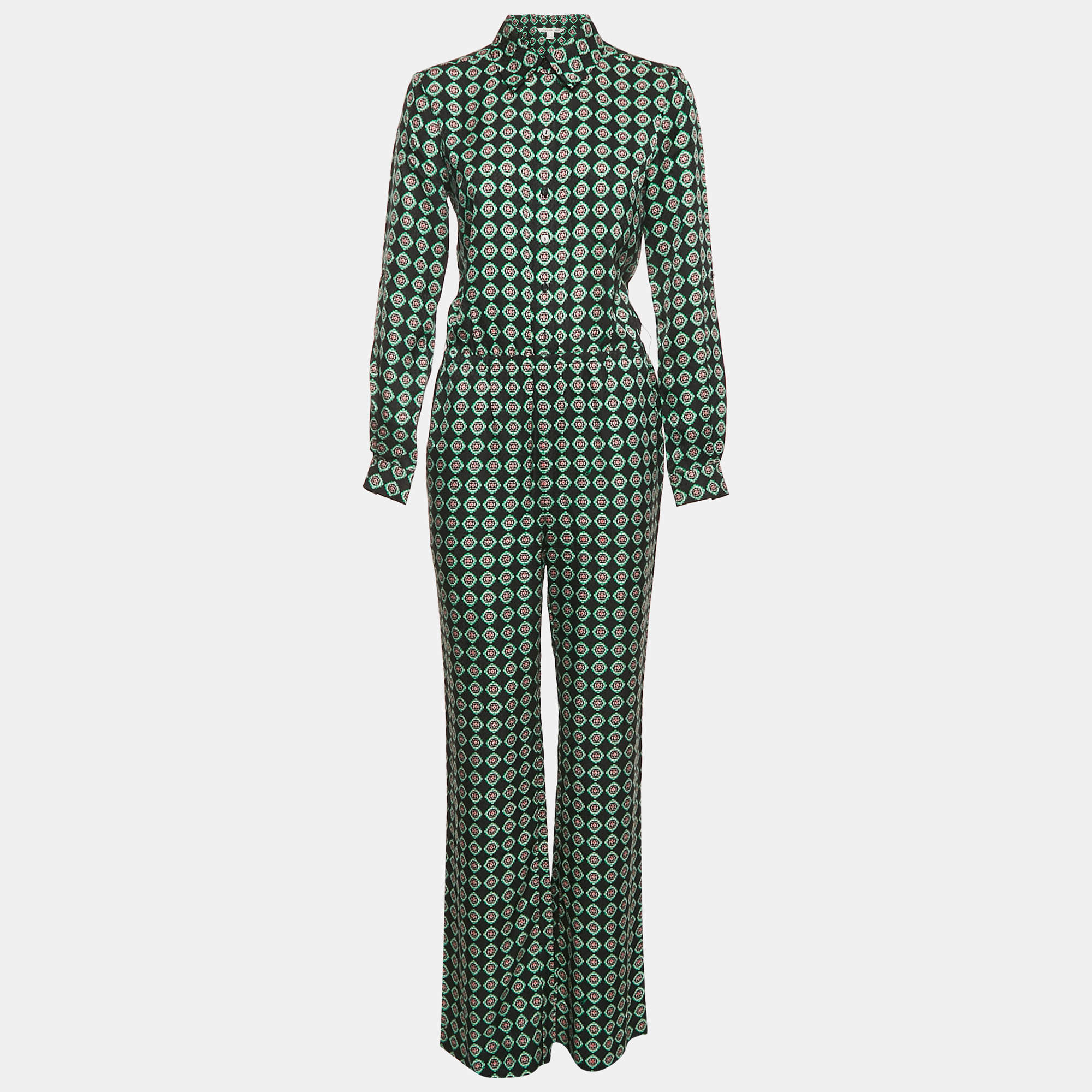 Pre Owned Diane Von Furstenberg Black Printed Silk Flared Jumpsuit S