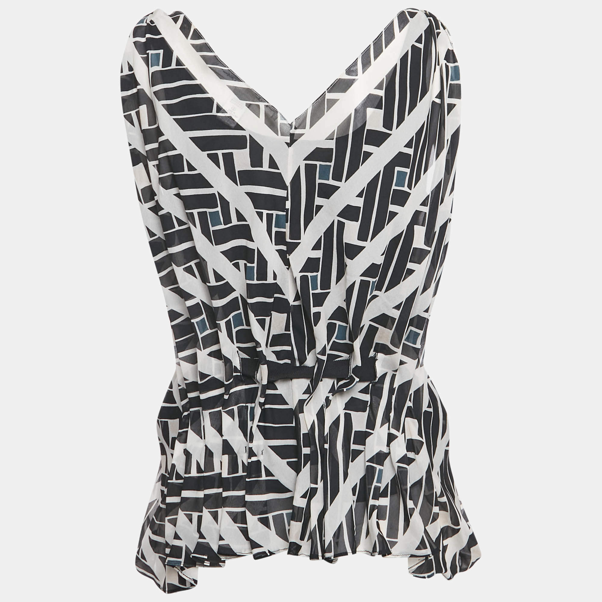 Pre Owned Diane Von Furstenberg Black Printed Silk Pleated Sade Top S