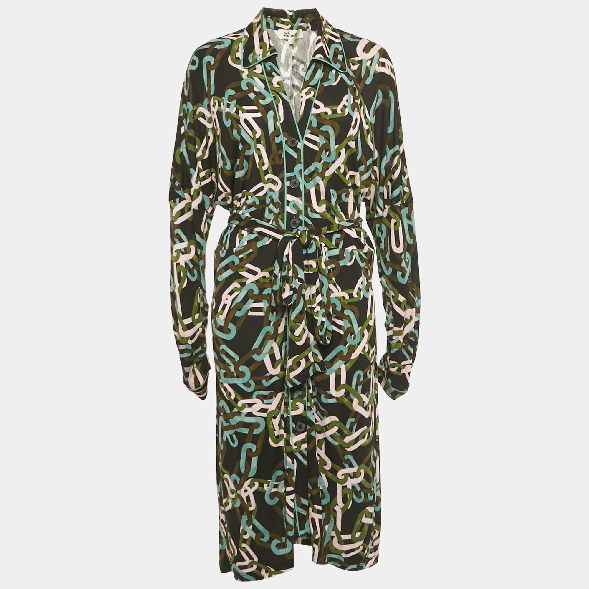 Pre Owned Diane Von Furstenberg Black Carrie Chain Print Jersey Button Front Belted Dress M