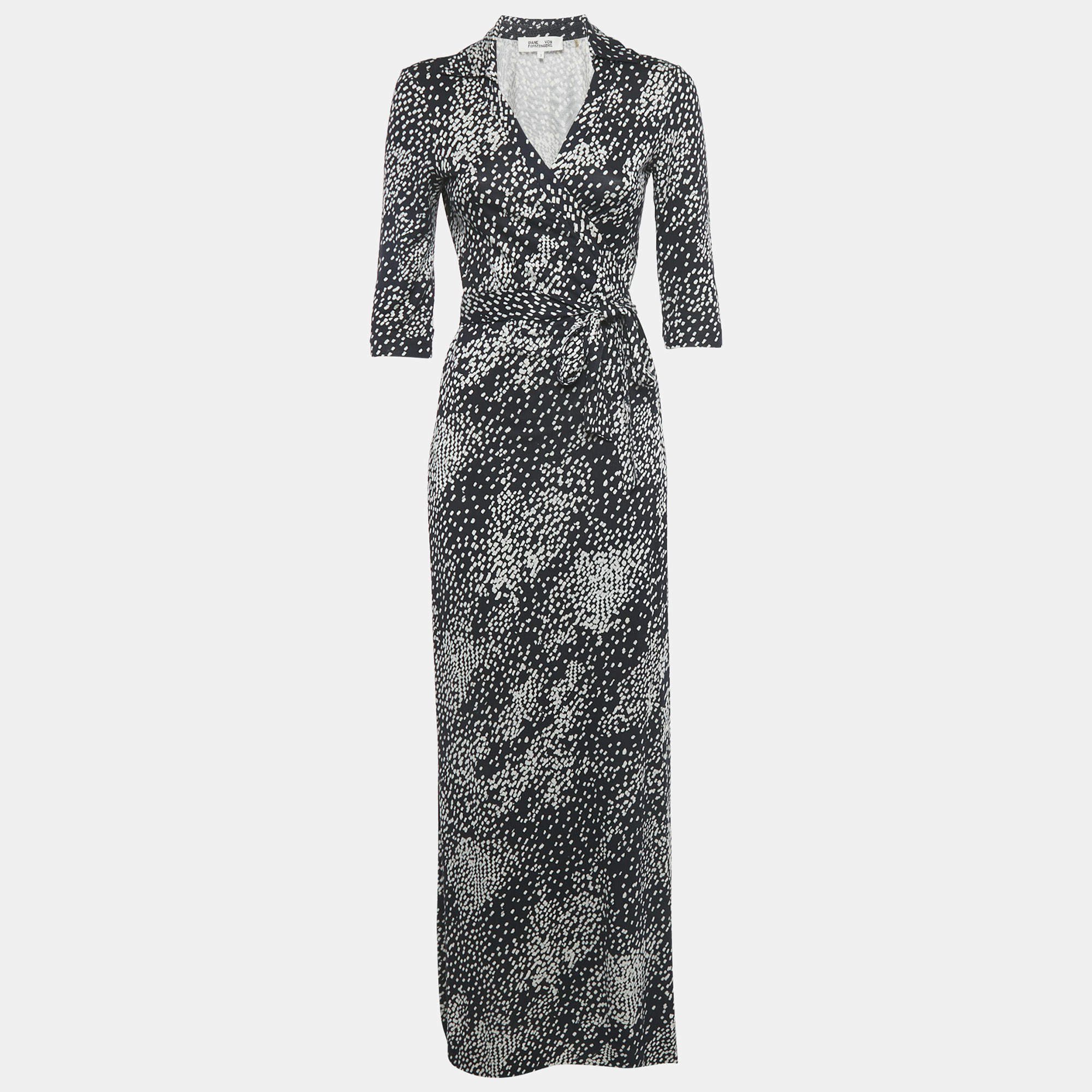 Pre Owned Diane Von Furstenberg Midnight Blue Printed Silk Jersey Wrap Dress S