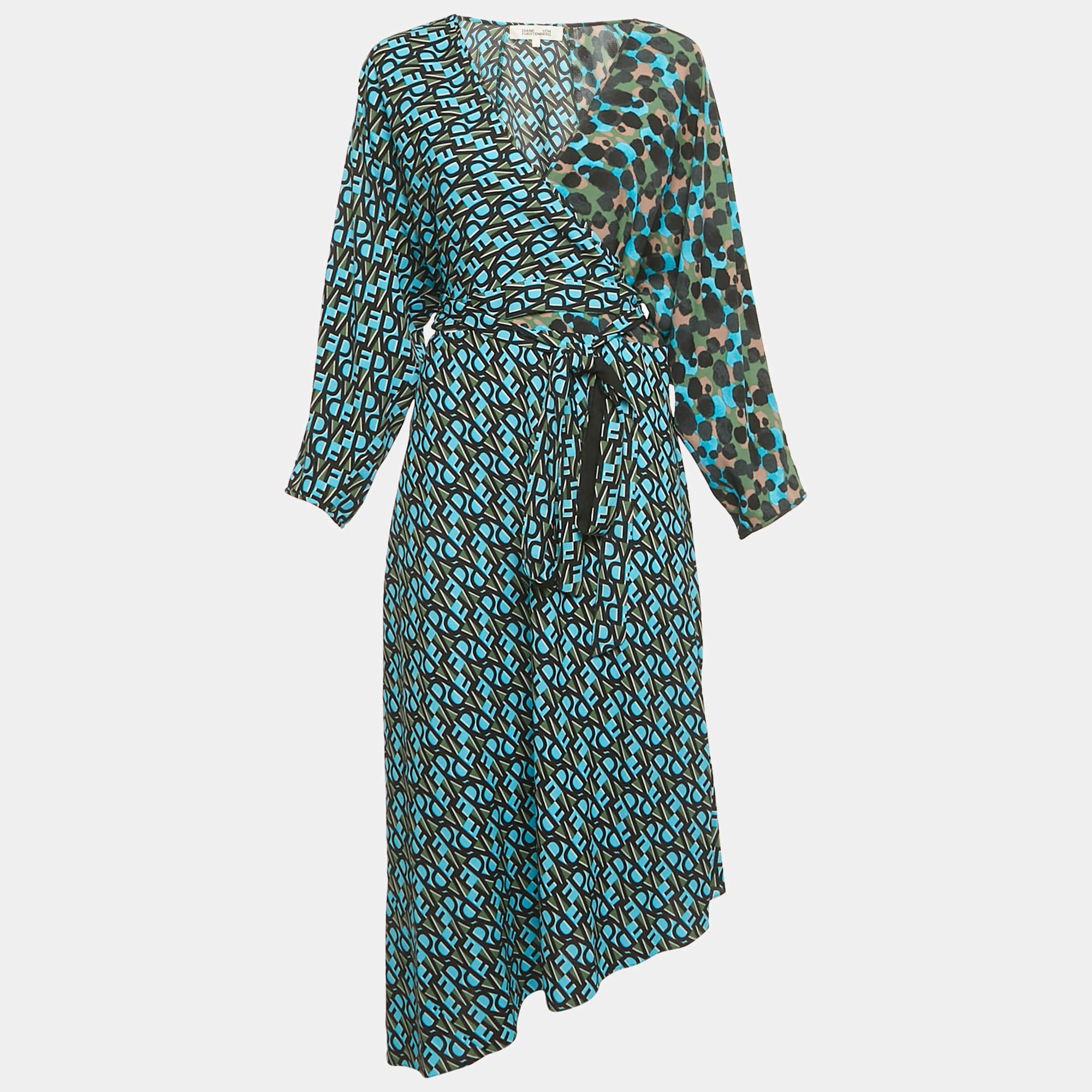 Pre Owned Diane Von Furstenberg Blue Printed Crepe Wrap Effect Eloise Midi Dress L