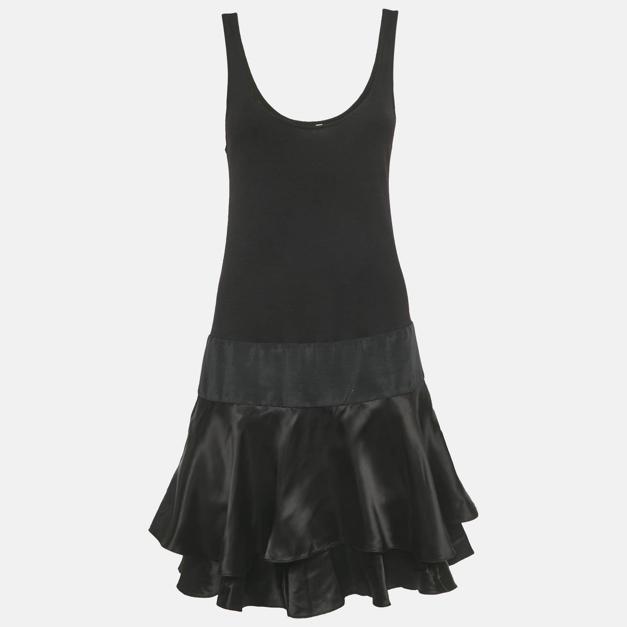 Pre Owned Diane Von Furstenberg Black Knit and Satin Layered Sleeveless Short Dress S