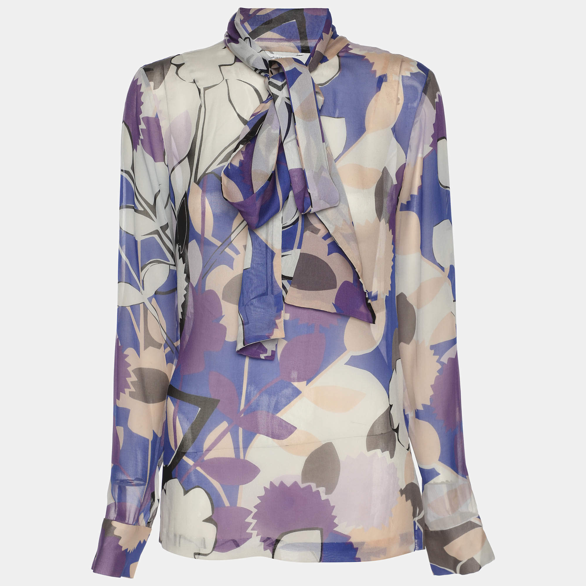Pre Owned Diane Von Furstenberg Multicolor Printed Chiffon Dariana Tie Long Sleeve Shirt M