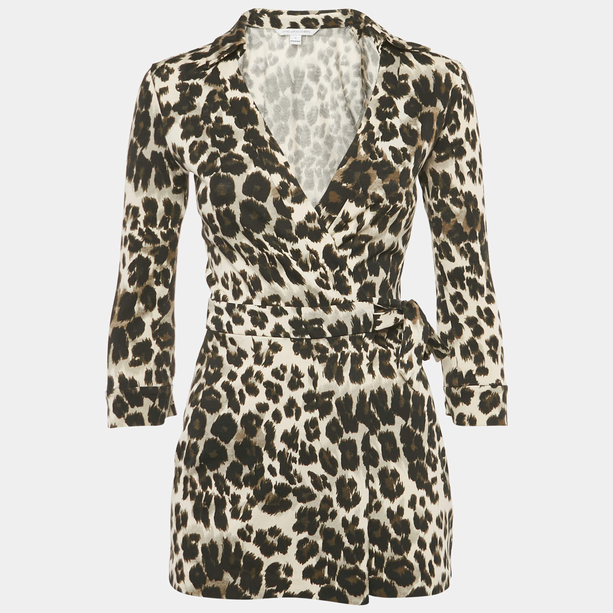 Pre Owned Diane Von Furstenberg Animal Print Cotton Wrap Around Playsuit XS