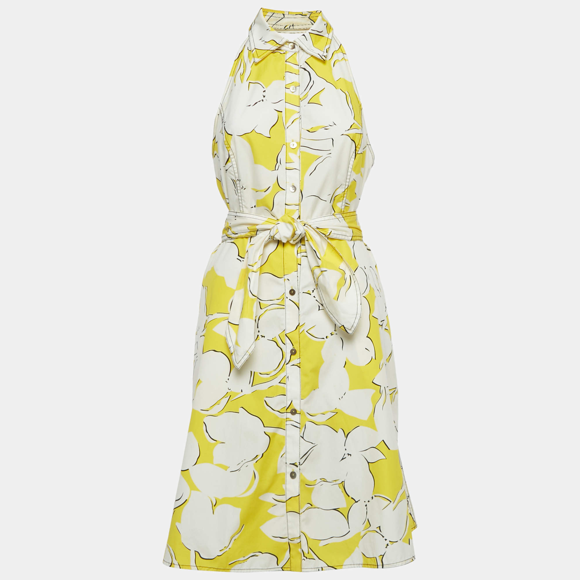 Pre Owned Diane Von Furstenberg Yellow /White Printed Cotton Halter Neck Short Dress M