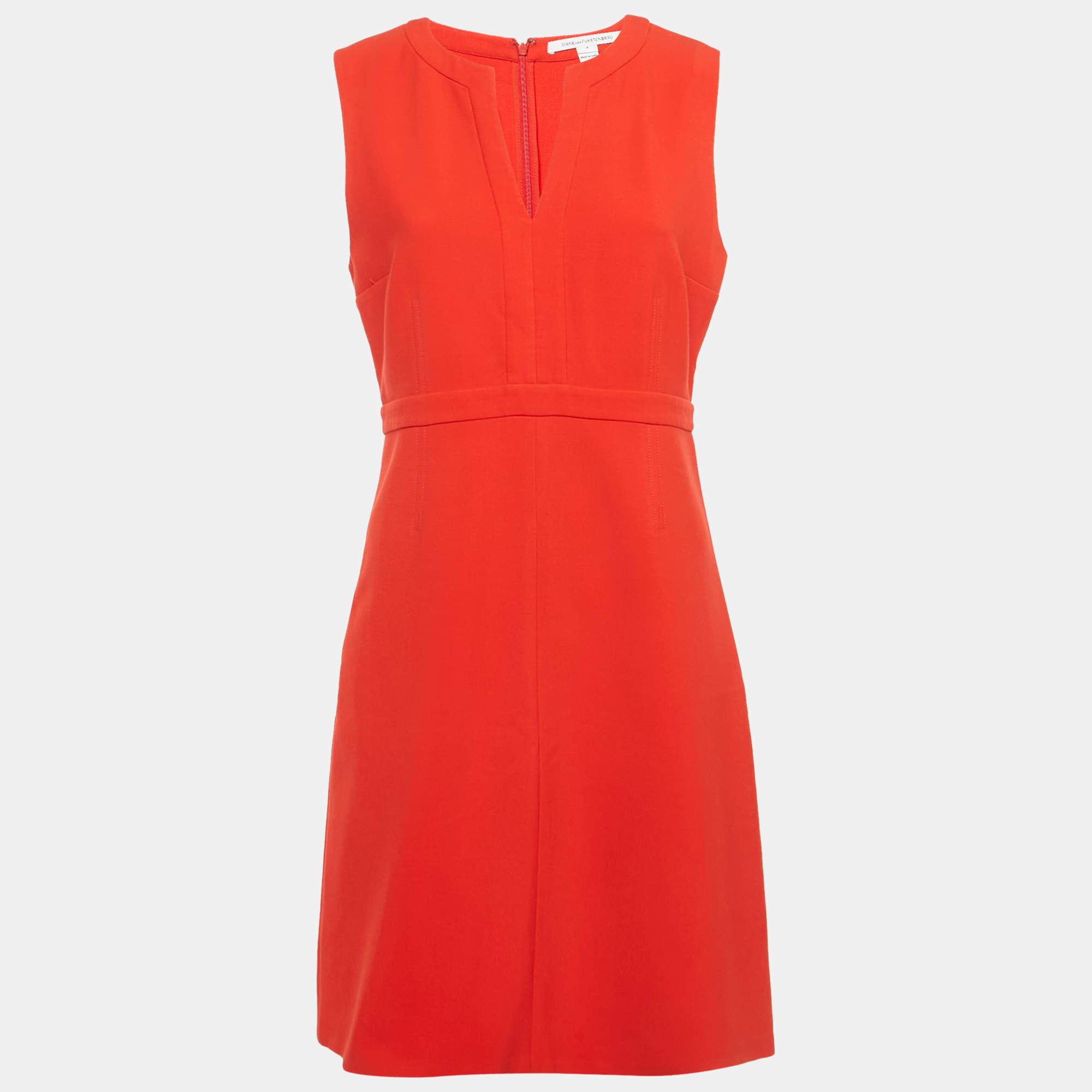Pre Owned Diane Von Furstenberg Red Crepe Sleeveless Sheath Dress M