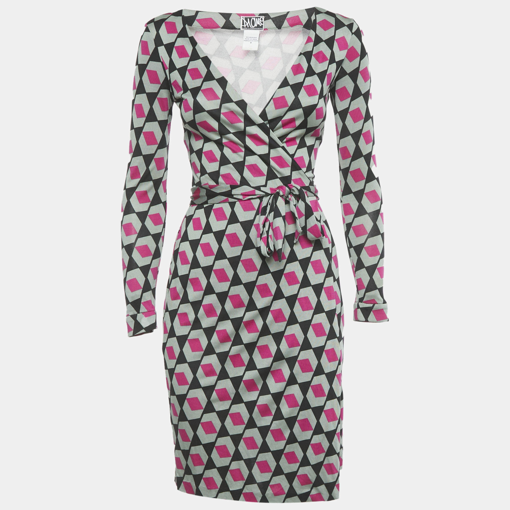 Pre Owned Diane Von Furstenberg Pink/Green Jersey New Julian Wrap Dress XS