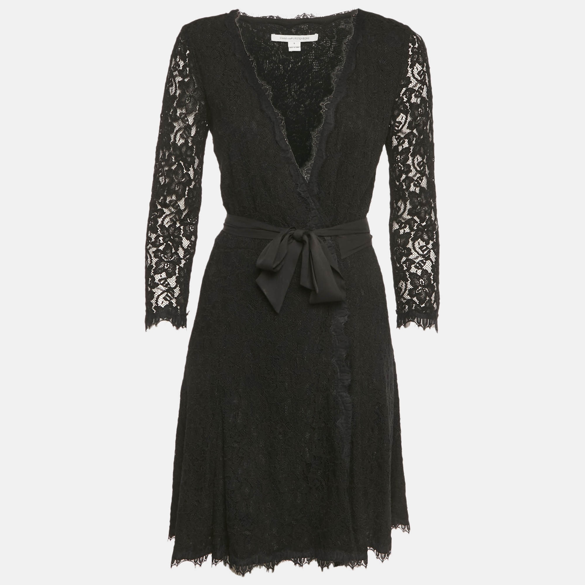 Pre Owned Diane Von Furstenberg Black Lace Wrap Around Mini Dress M