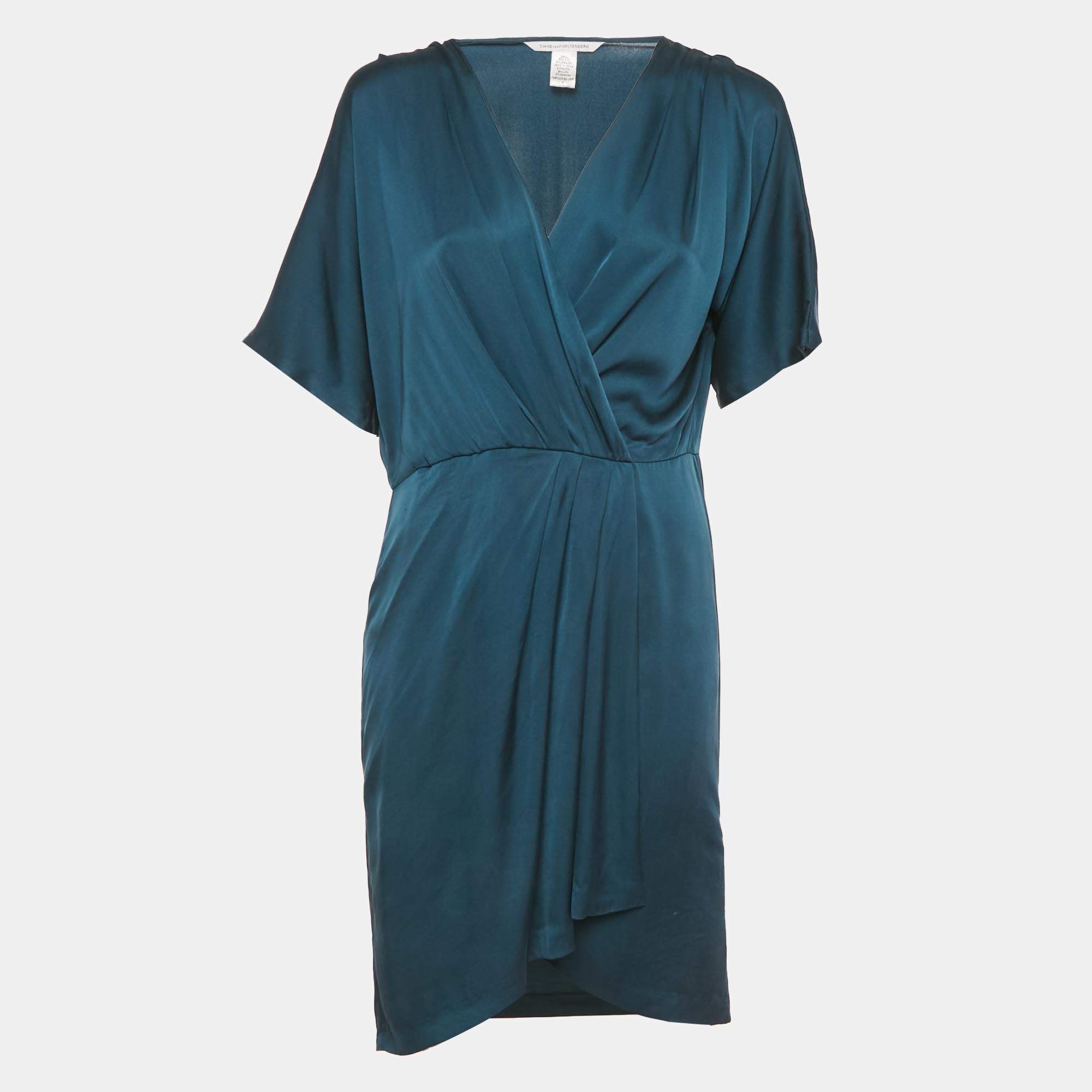 Pre Owned Diane Von Furstenberg Teal Blue Silk Wrap Style Short Dress M