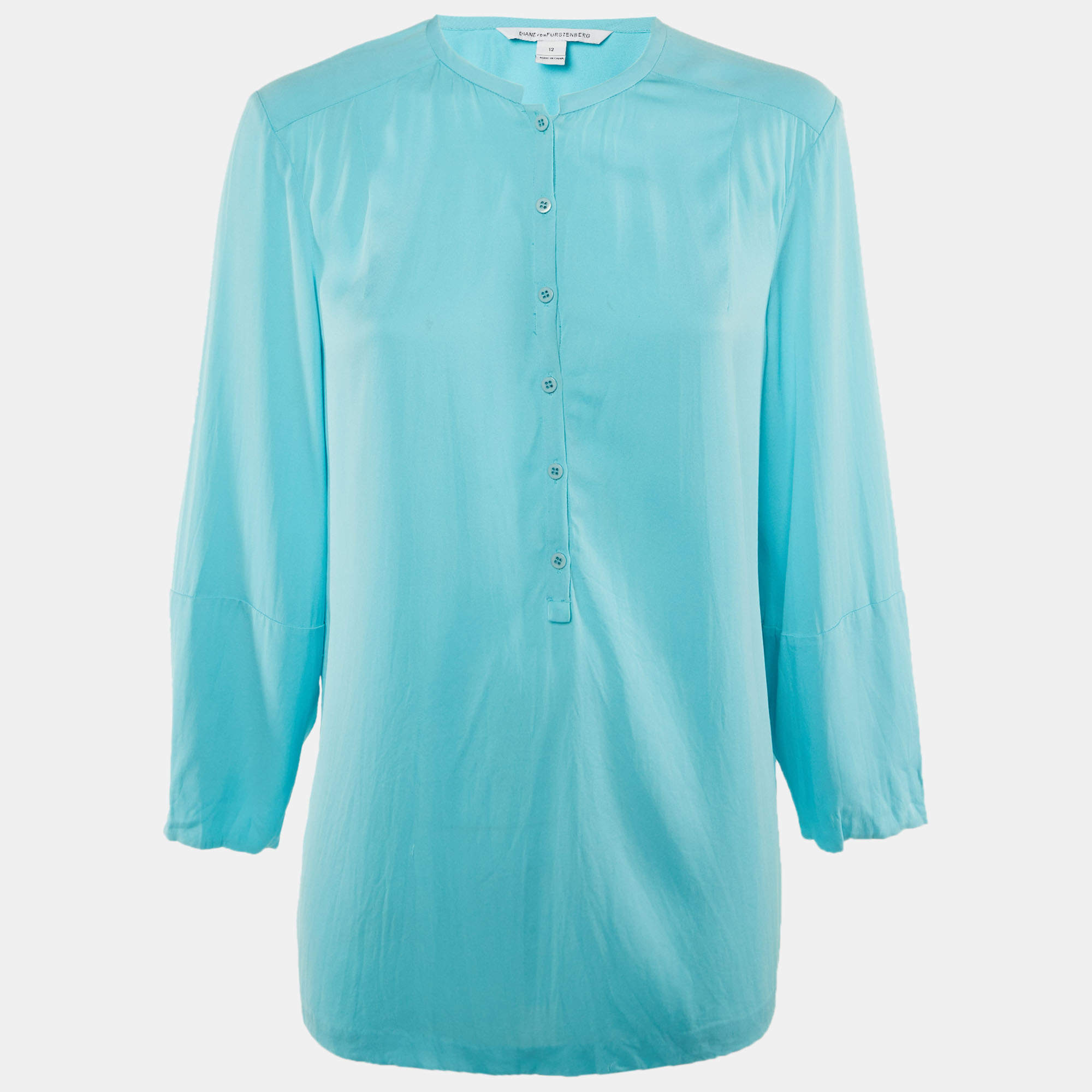 Pre Owned Diane Von Furstenberg Turquoise Blue Silk Button Front Blouse L