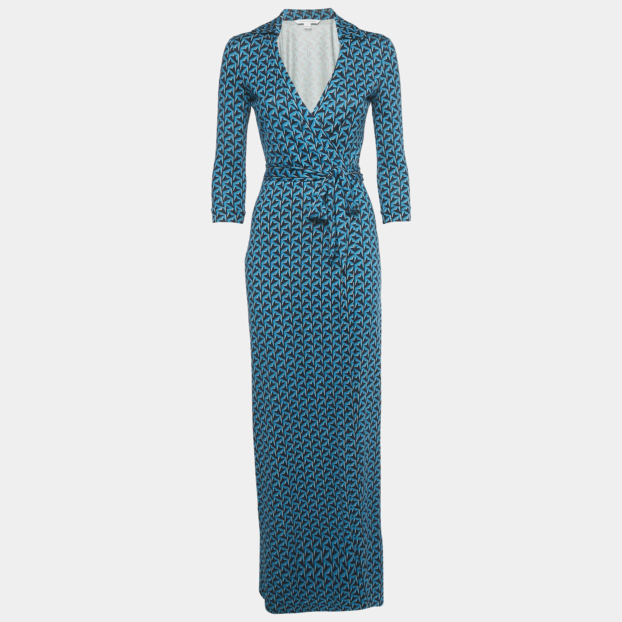 مملوكة مسبقًا Diane Von Furstenberg Blue Printed Silk Wrap Around Maxi Dress XS