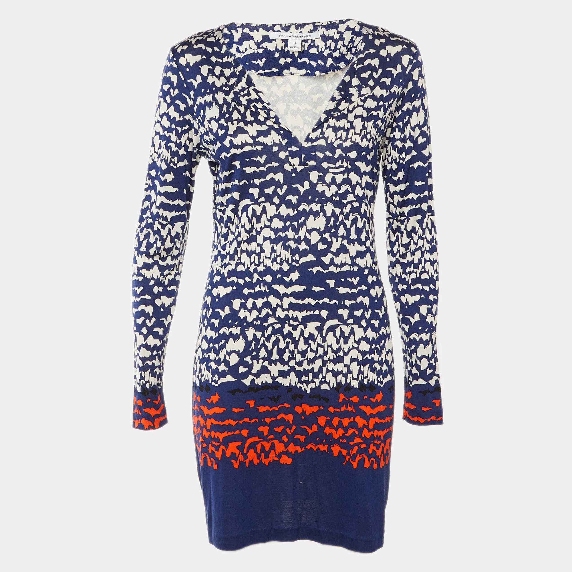 مملوكة مسبقًا فستان ديان فون فورستنبرغ حرير مطبوع أزرق كحلي ضيق مقاس كبير (لارج)