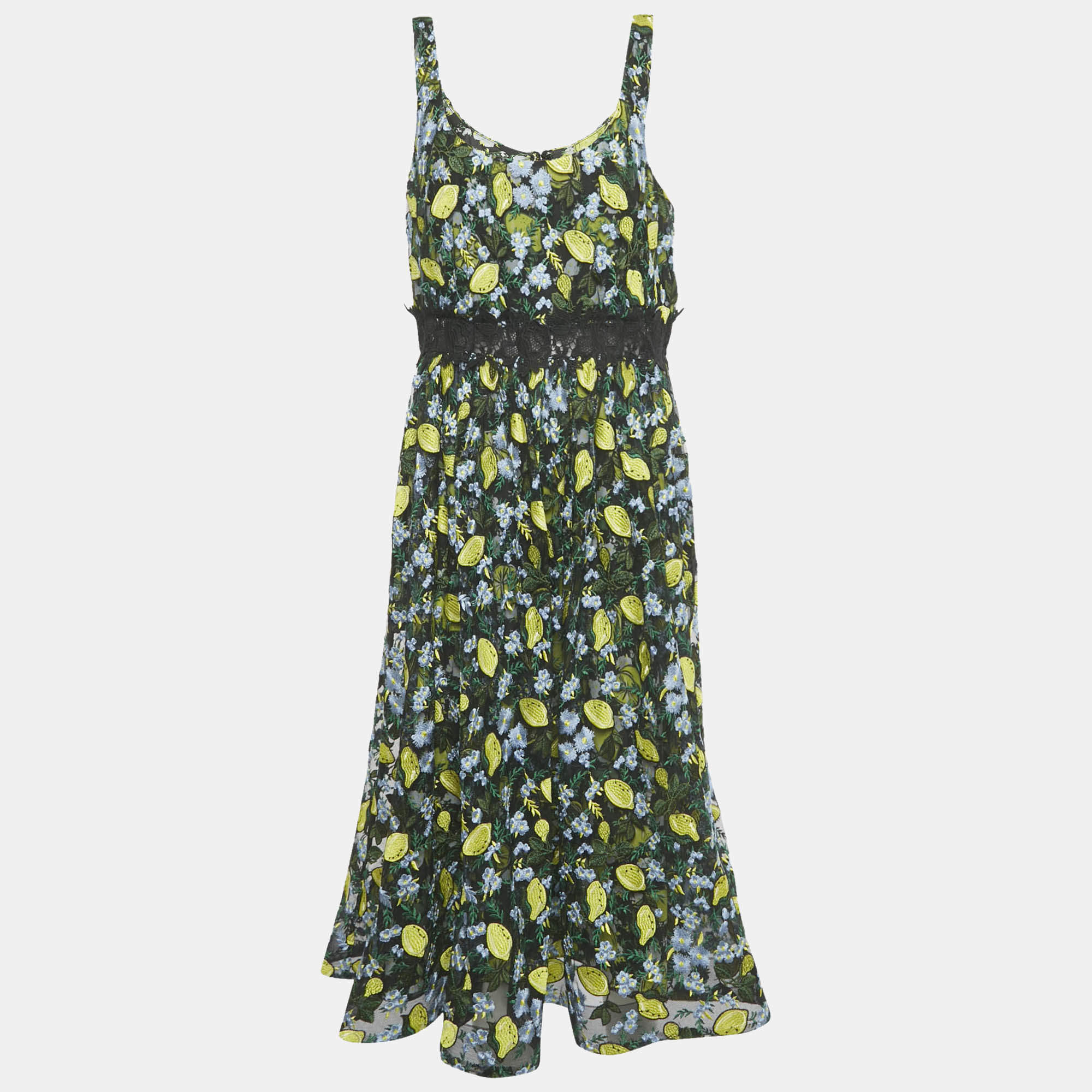 Pre Owned Diane Von Furstenberg Black Embroidered Mesh Midi Dress XL