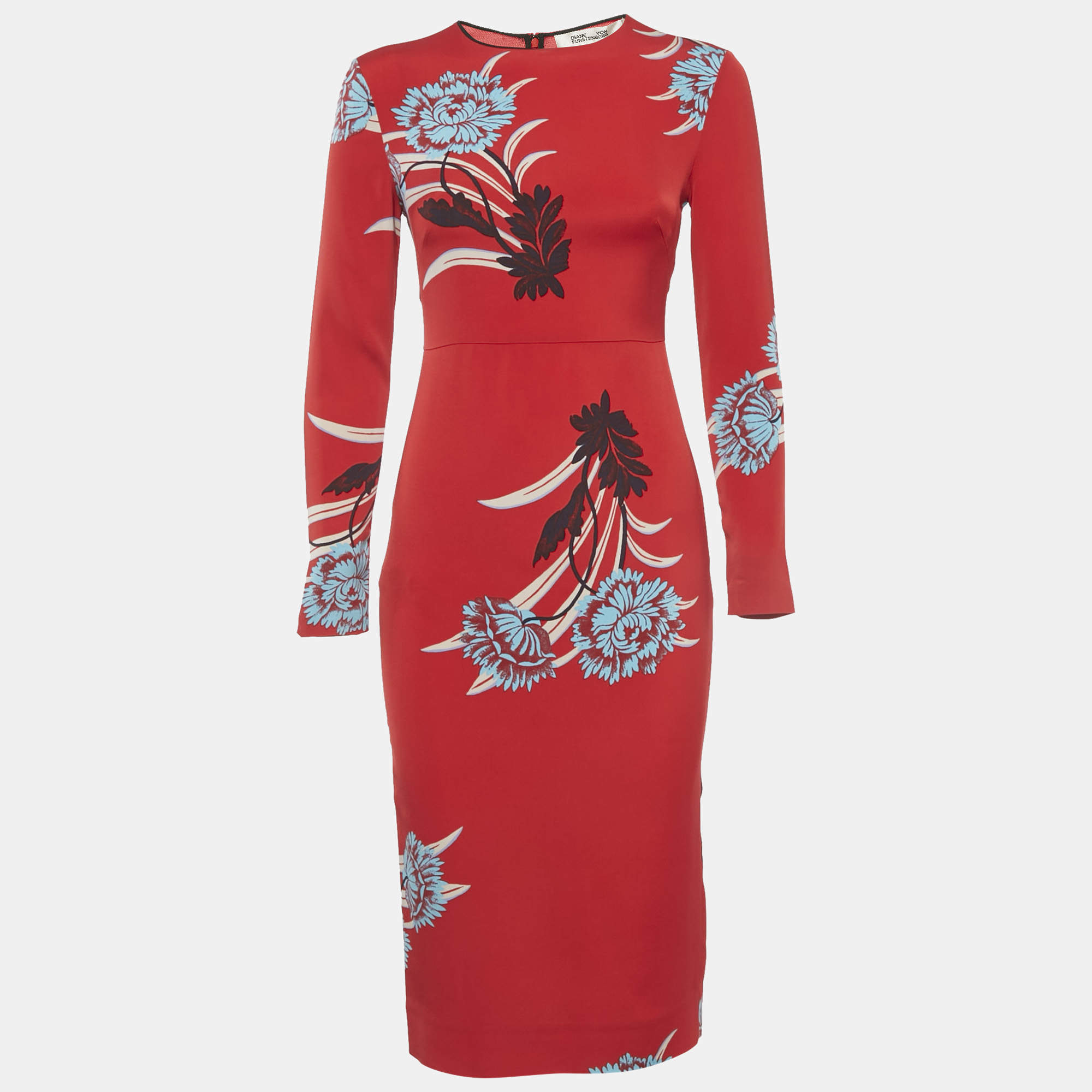 مملوكة مسبقًا Diane Von Furstenberg Red Floral Print Crepe Midi Dress XS