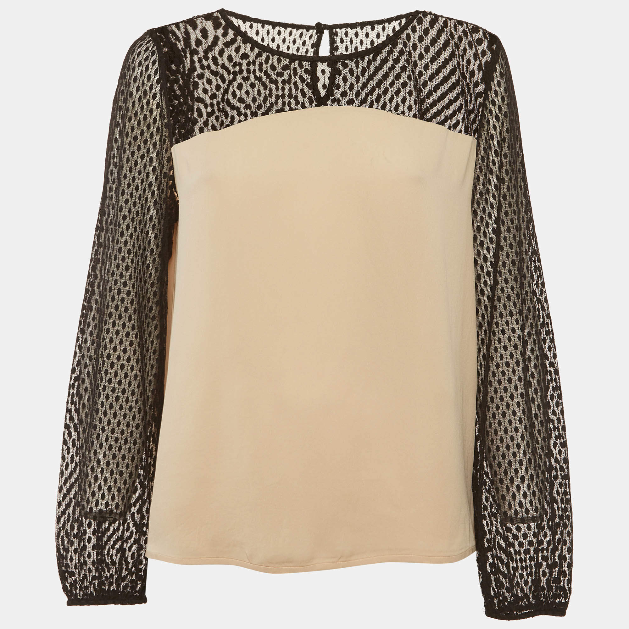 Pre Owned Diane Von Furstenberg Beige/ Black Silk Sheer Long Sleeve Blouse L