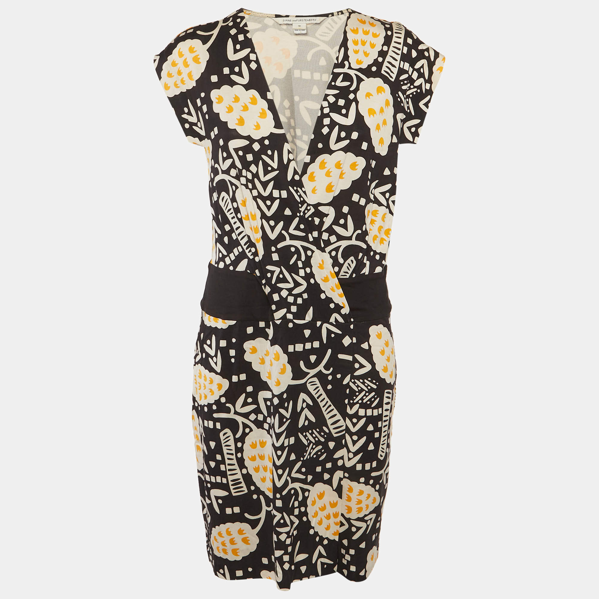 مملوكة مسبقًا Diane Von Furstenberg Black Abstract Print Jersey Wrap Mini Dress L