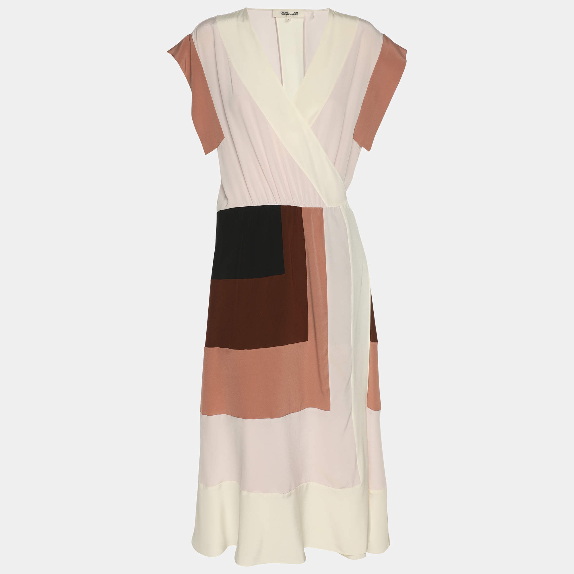 Pre Owned Diane Von Furstenberg Multicolour Colour Block Crepe Wrap Dress L