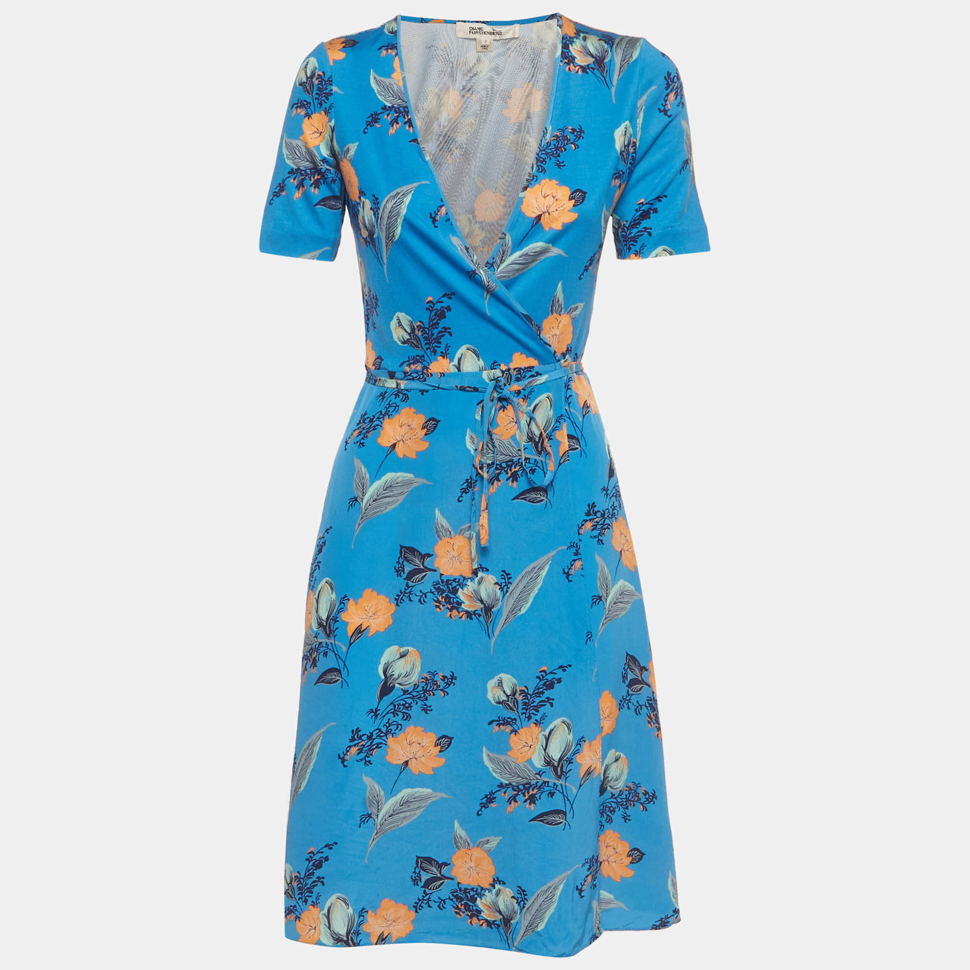 Pre Owned Diane Von Furstenberg Blue Floral Print Silk Wrap Dress S
