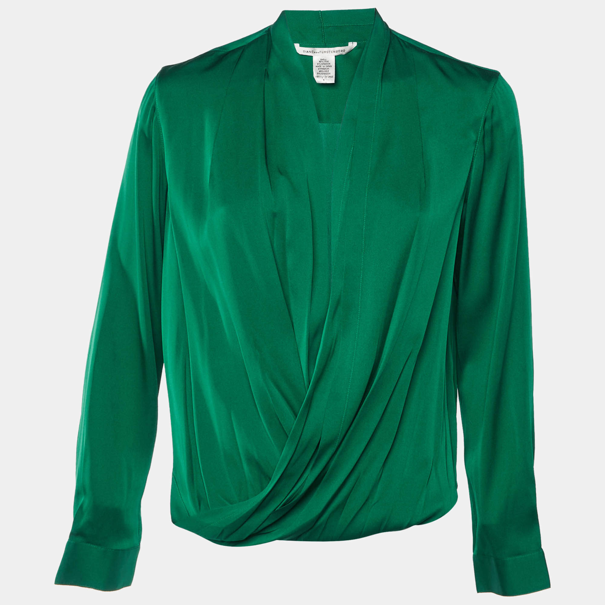 Pre Owned Diane Von Furstenberg Green Silk Issie Cross Over Front Blouse M