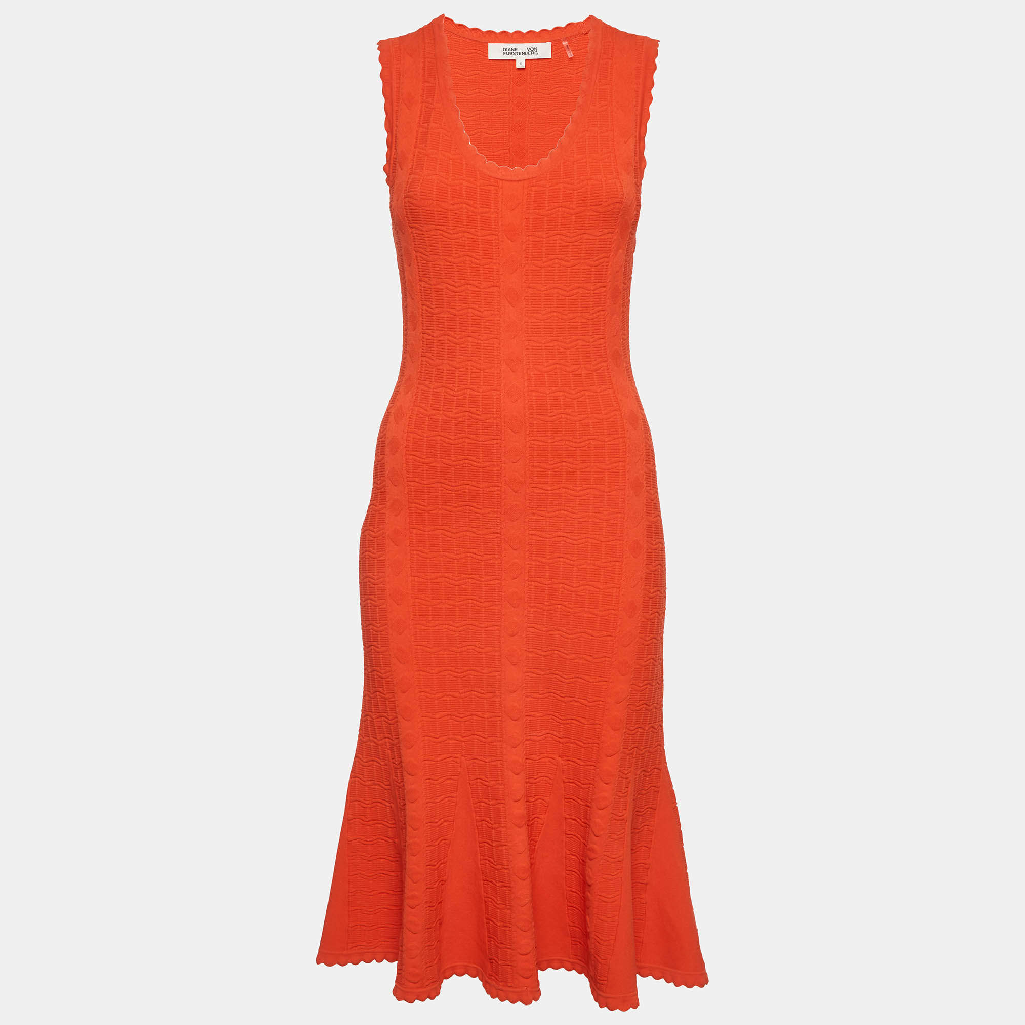 Pre Owned Diane Von Furstenberg Orange Textured Knit Midi Dress S