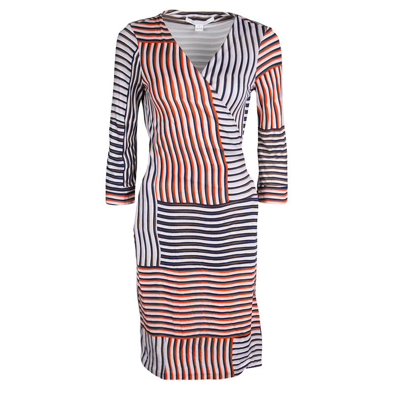 مملوكة مسبقًا Diane Von Furstenberg Irreguar Striped Silk Jersey New Julian Two Wrap Dress M