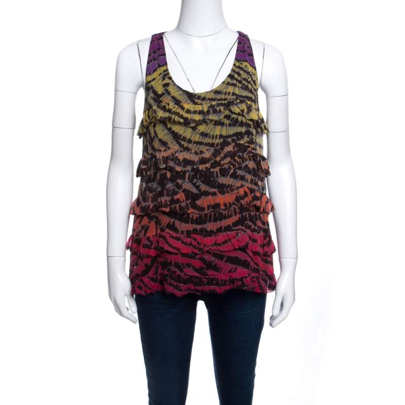 Diane Von Furstenberg Multicolor Printed Silk Ruffled Tiered Pitonesa Top M