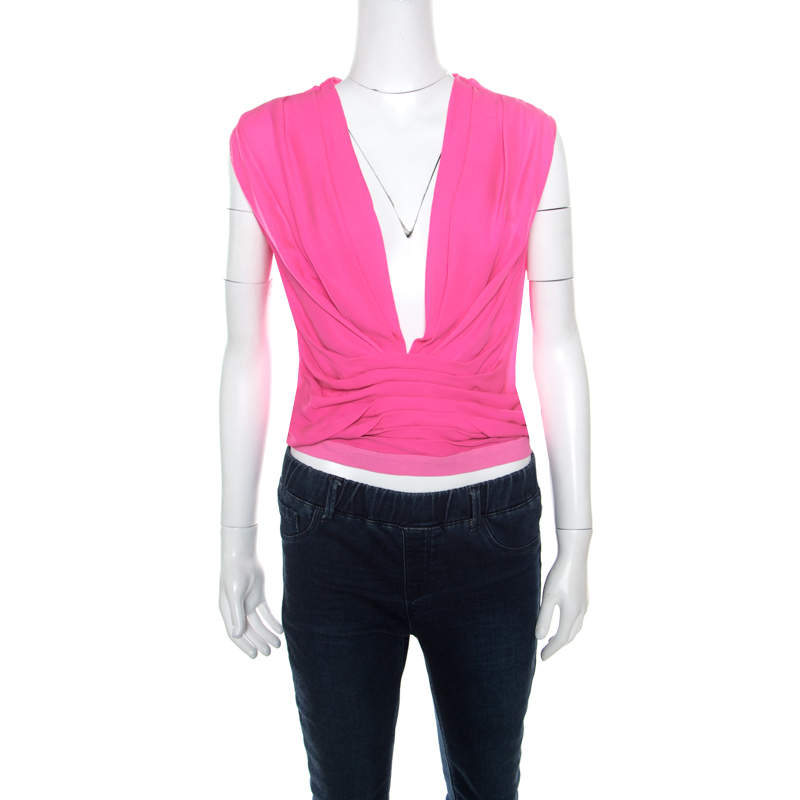 Pre Owned Diane von Furstenberg Candy Pink Peated Plunge Neck Akahana Top XS