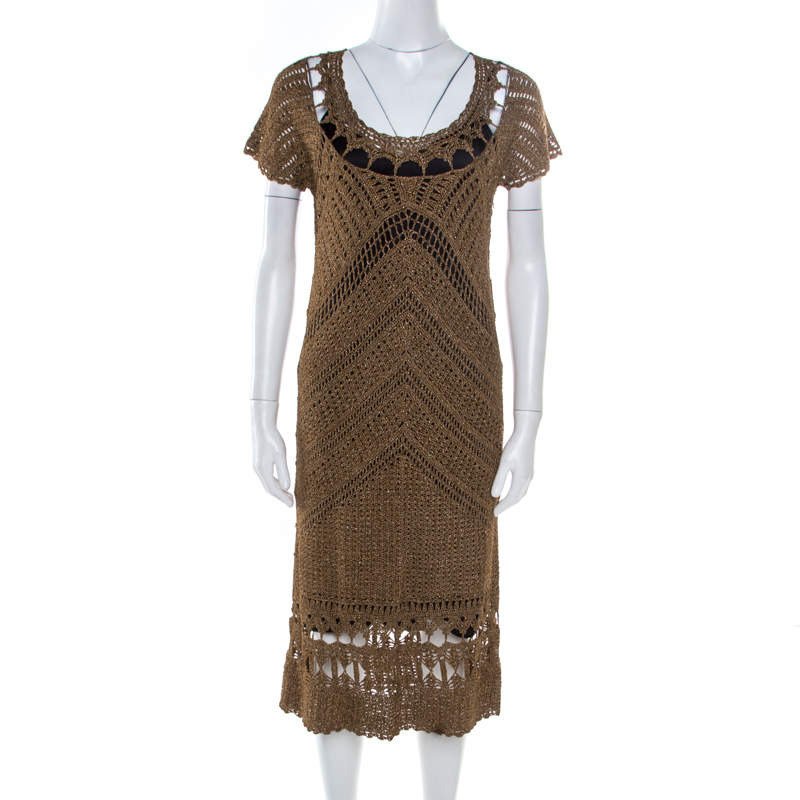 Pre Owned Diane Von Furstenberg Dull Gold Perforated Crochet Knit Kalakaua Dress L