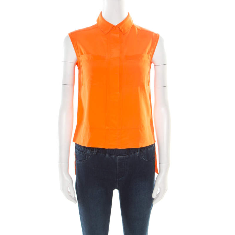 Pre Owned Diane Von Furstenberg Orange Silk Sleeveless High Low Lensley Shirt XS