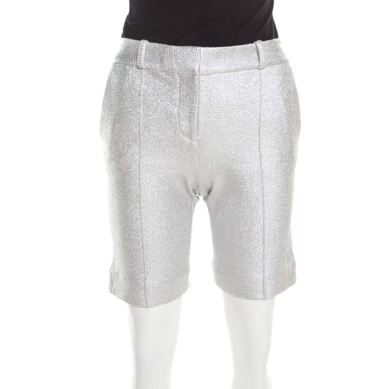 Diane von Furstenberg Metallic Silver Silk Lined New Boymuda Shorts S