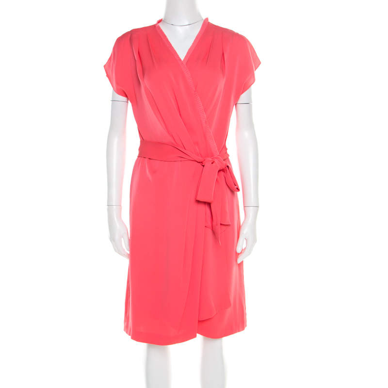 Pre Owned Diane Von Furstenberg Pink Nectar Pleated Trim Mateo Belted Silk Dress M