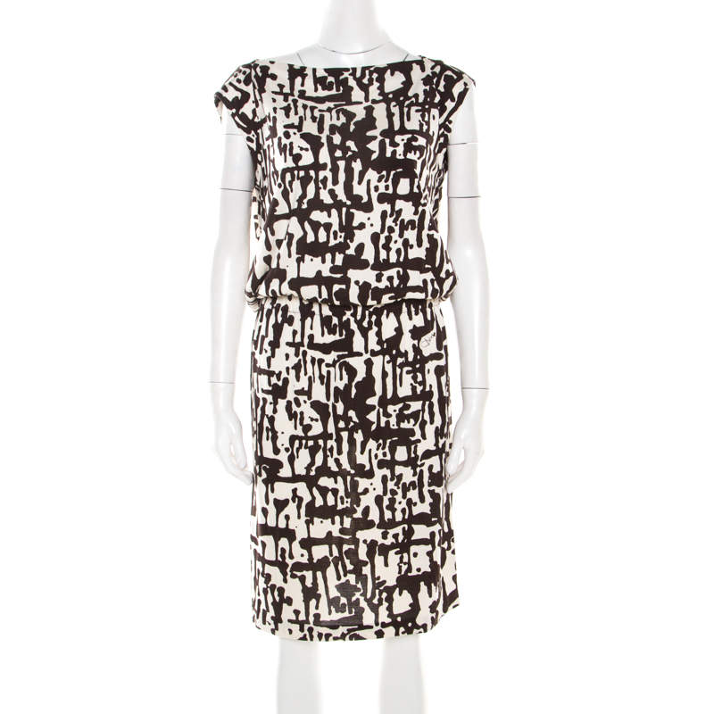 Pre Owned Diane von Furstenberg Brown and White Printed Silk Jersey Boat Neck Dress M