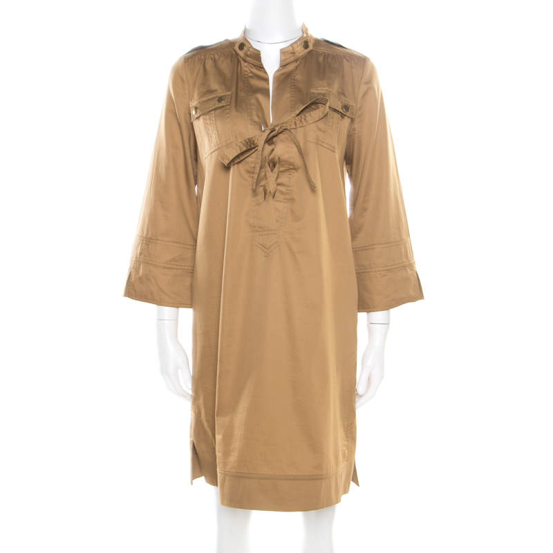 Pre Owned Diane von Furstenberg Camel Brown Cotton Neck Tie Detail Damani Dress M