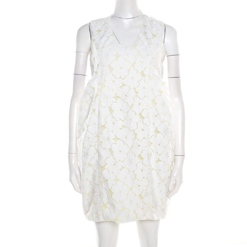 Pre Owned Diane Von Furstenberg White and Lime Floral Lace Sleeveless Clydeena Dress M