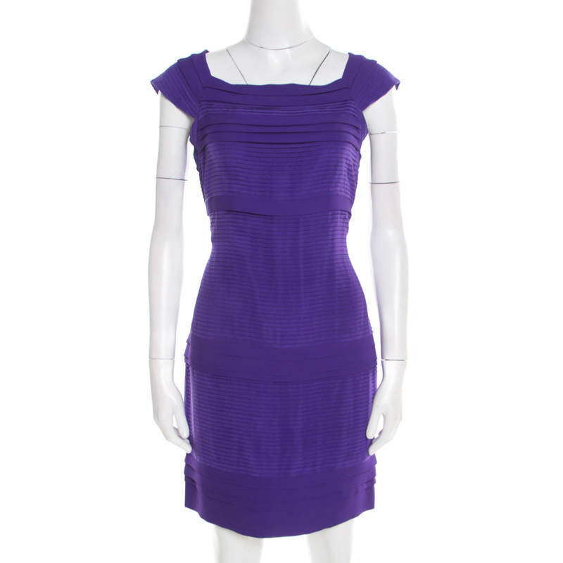 Pre Owned Diane von Furstenberg Purple Pleated Silk Square Neck Merle Dress S