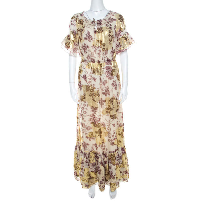 raisin women mustard printed maxi dress