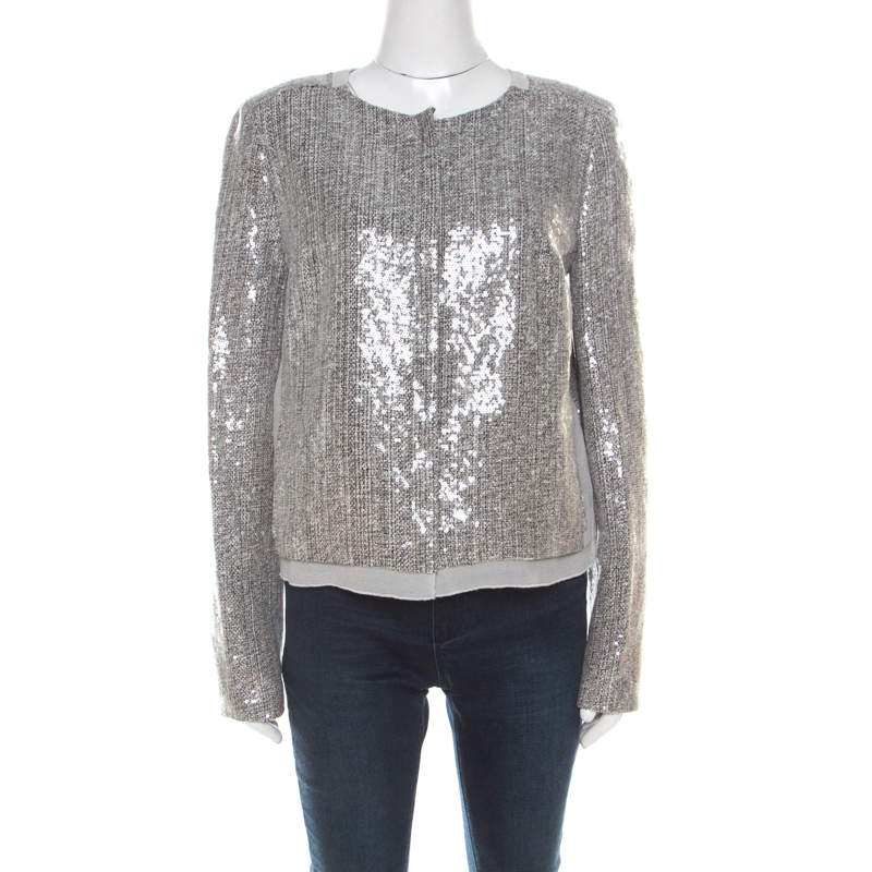 Pre Owned Diane von Furstenberg Silver Sequin Embellished Tweed Tamali Jacket L