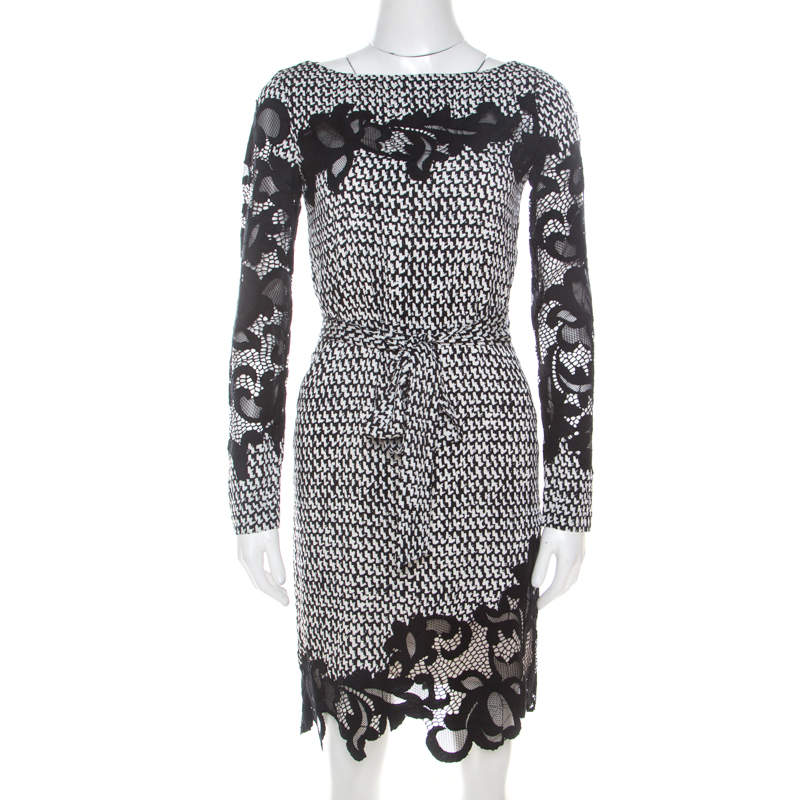 Pre Owned Diane von Furstenberg Monochrome Geometric Print Silk Floral Lace Appliqué Ernestina Dress XS