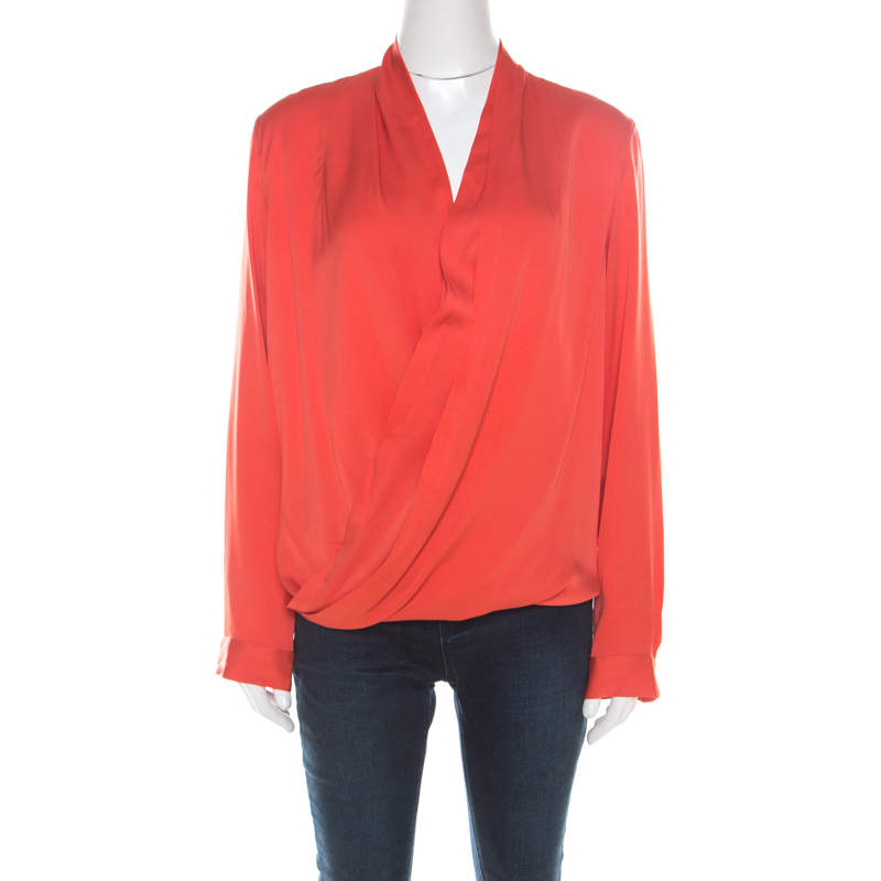 Pre Owned Diane von Furstenberg Brick Red Silk Cross Over Front Issie Blouse L