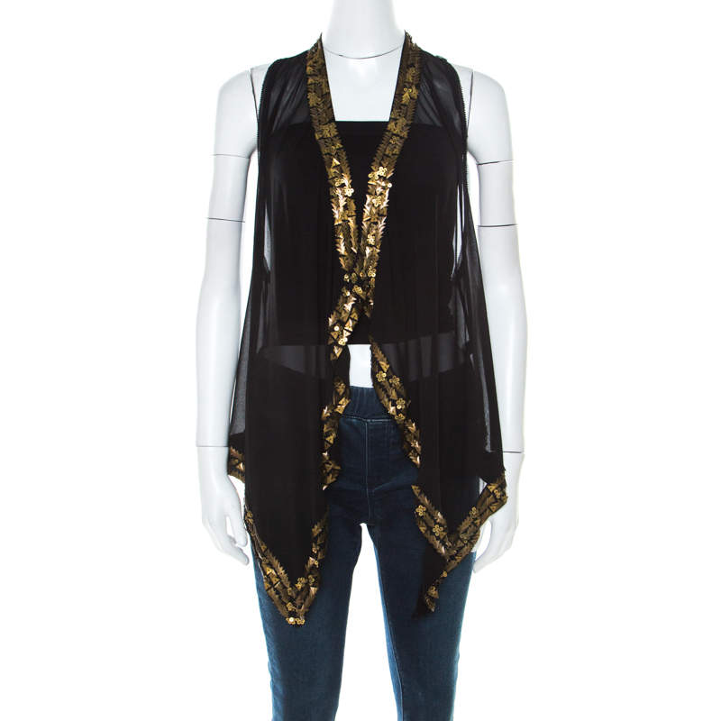 Pre Owned Diane Von Furstenberg Black Silk Chiffon Gold Sequin Embellished Ellowyn Sleeveless Vest M