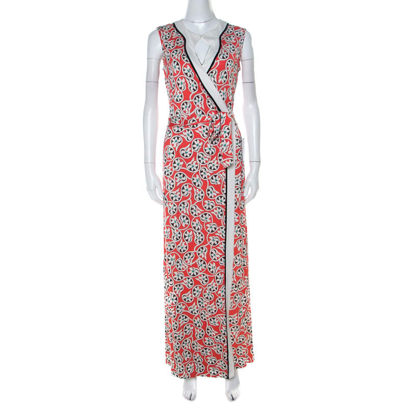 Pre Owned Diane von Furstenberg Coral Pink Floral Print Keyhole Neck Dress L