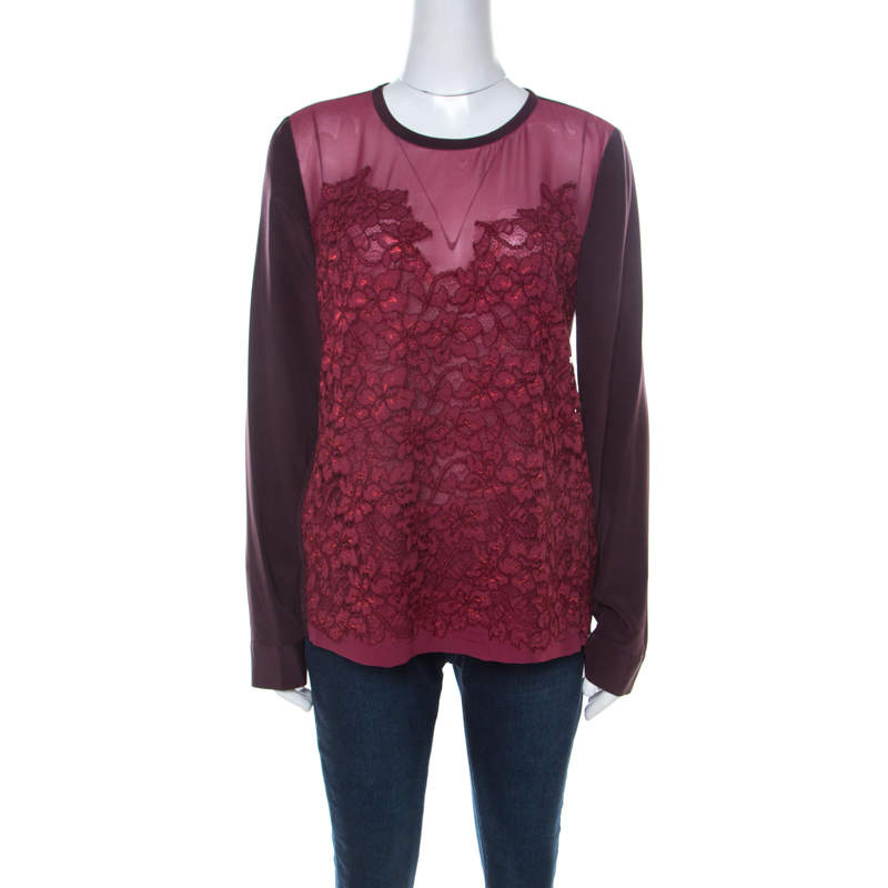 Pre Owned Diane Von Furstenberg Burgundy Silk and Lace Bodice Branwen Blouse L 