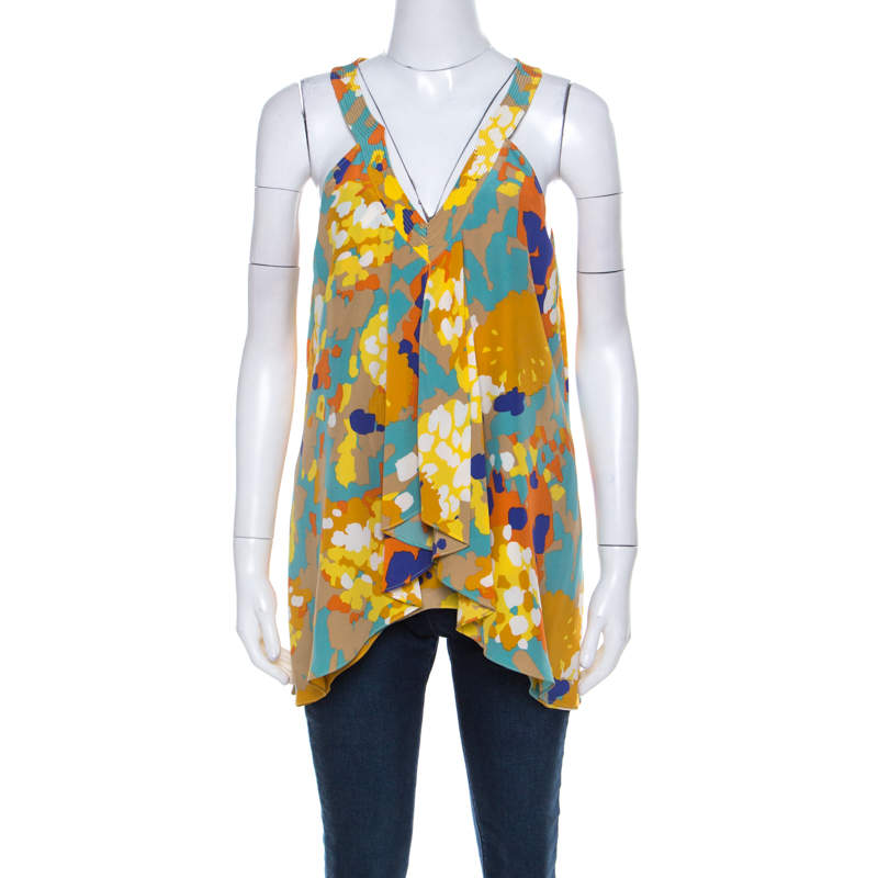 Pre Owned Diane von Furstenberg Multicolor Printed V-Neck Asymmetric Hem Sleeveless Top L