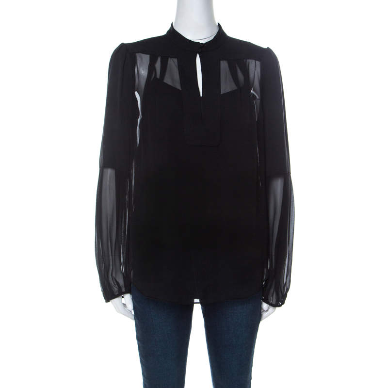 Pre Owned Diane Von Furstenberg Black Chiffon Bishop Sleeve Isolde Top L