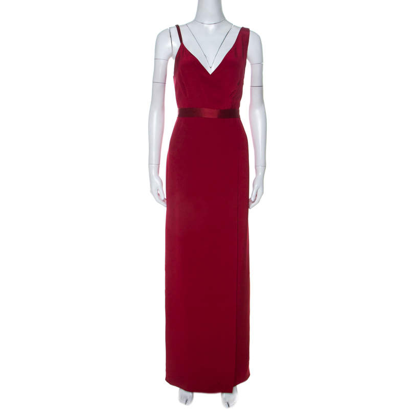 Pre Owned Diane von Furstenberg Red Silk Asymmetric Side Slit Gown S