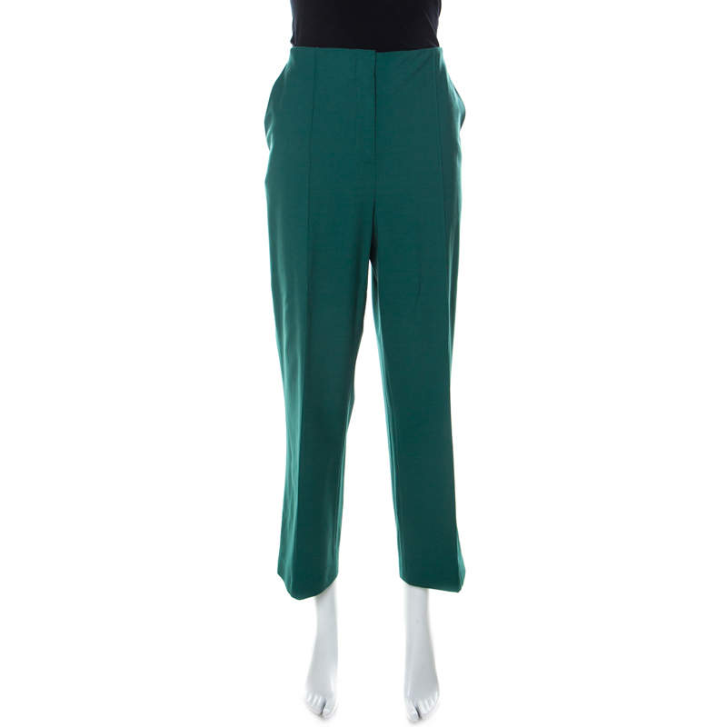 Diane Von Furstenberg Green Stretch Wool Pleated High Waist Trousers L
