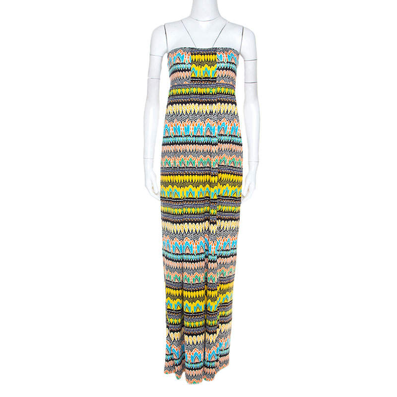 Pre Owned Diane Von Furstenberg Multicolor Printed Silk Strapless Maxi Farrin Dress XL