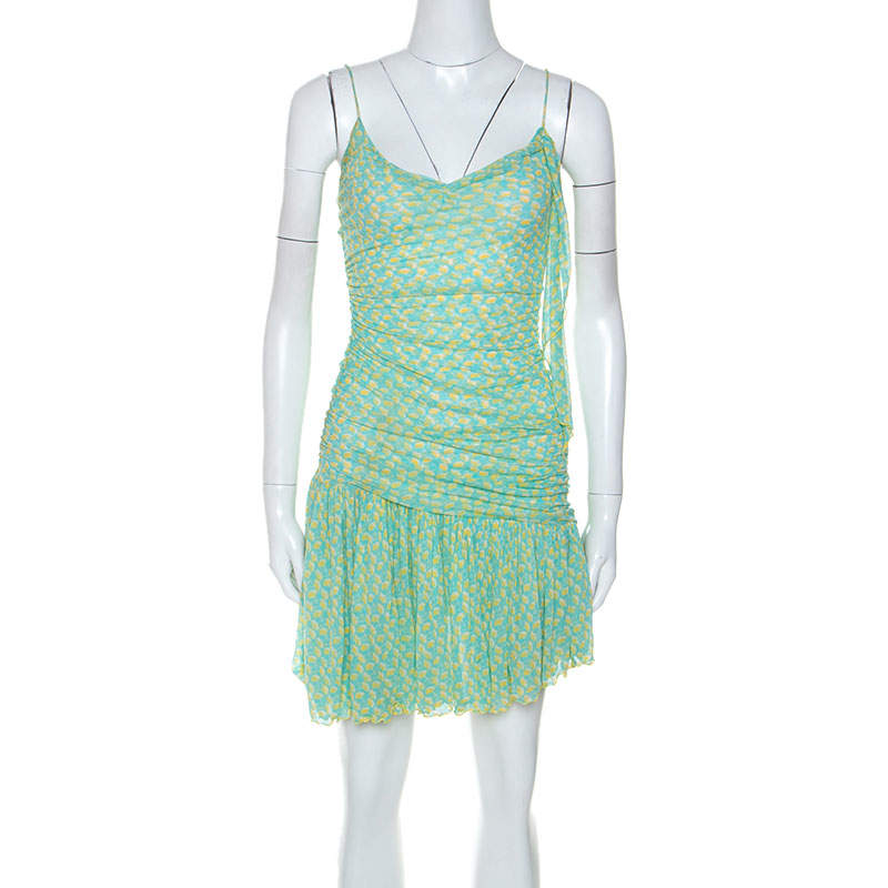 Pre Owned Diane Von Furstenberg Green printed Silk Mesh Drop Waist Louie Dress M